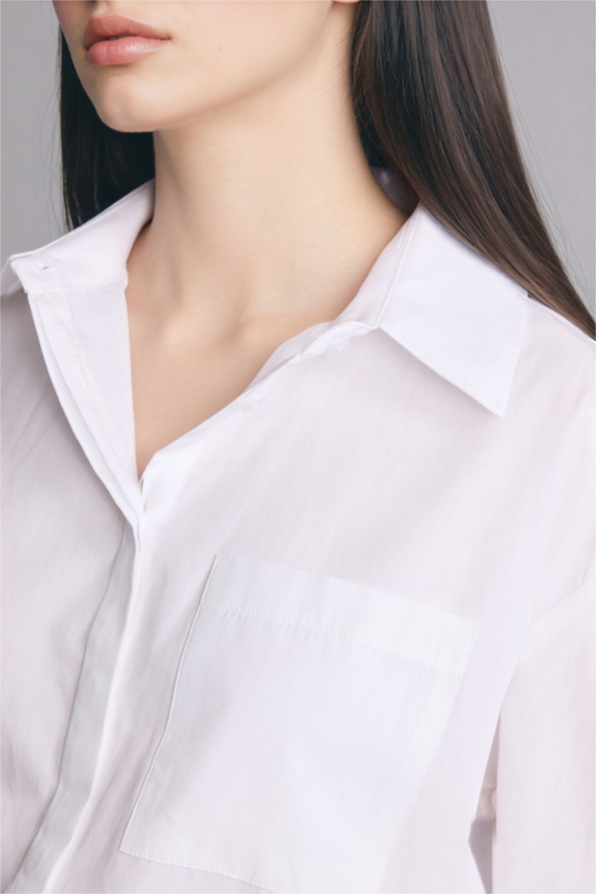 Woman White Oversize Fit Shirt Collar Poplin Long Sleeve Shirt