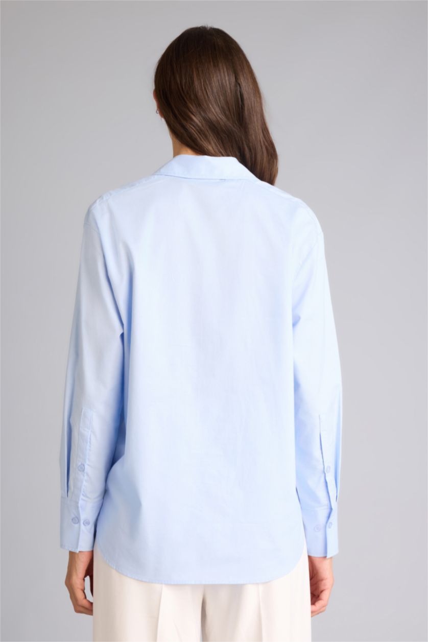 نساء أزرق فاتح قميص ردن طويل أوكسفورد اوفر سايز