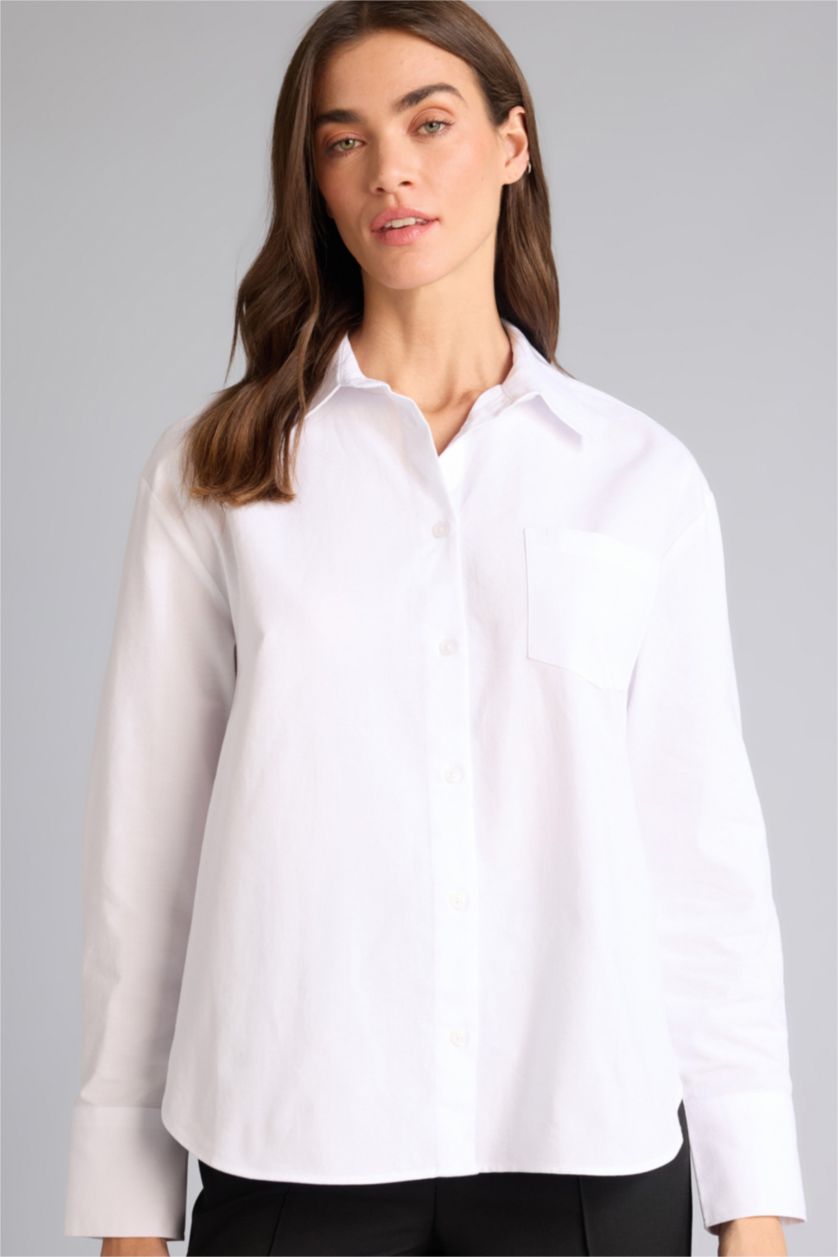 نساء أبيض قميص ردن طويل أوكسفورد اوفر سايز