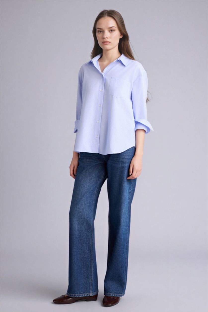 Woman Blue Oversize Fit Shirt Collar Oxford Striped Long Sleeve Shirt