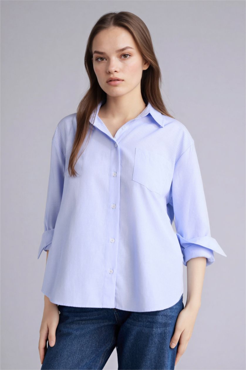 Woman Blue Oversize Fit Shirt Collar Oxford Striped Long Sleeve Shirt