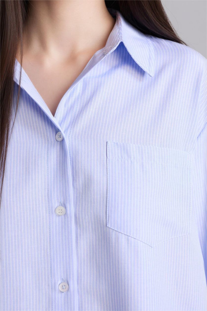 Woman Blue Oversize Fit Shirt Collar Oxford Striped Long Sleeve Shirt