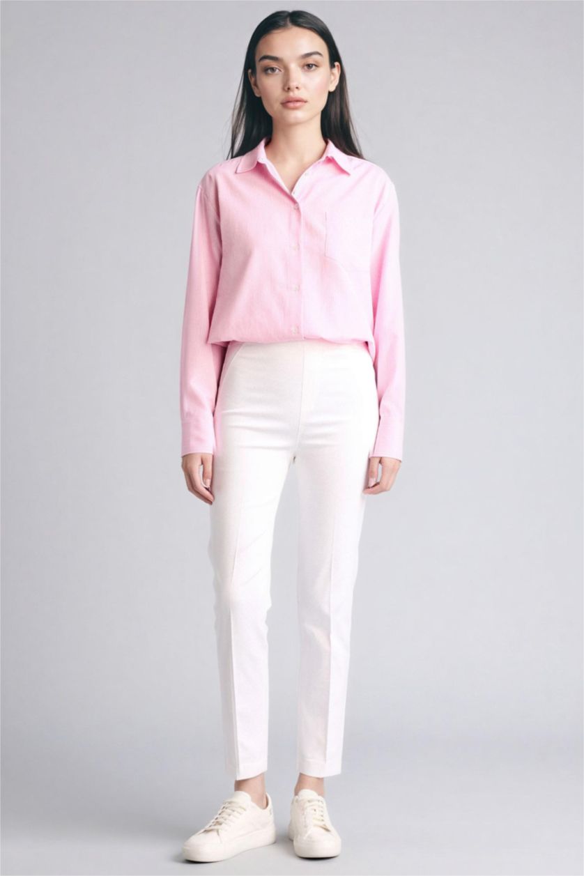 Woman Light Pink Oversize Fit Shirt Collar Oxford Striped Long Sleeve Shirt