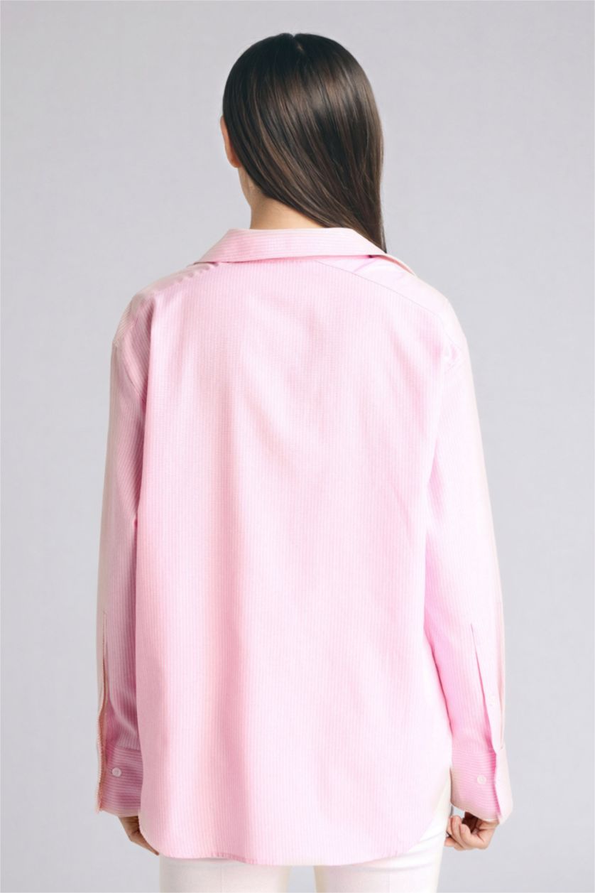 Woman Light Pink Oversize Fit Shirt Collar Oxford Striped Long Sleeve Shirt