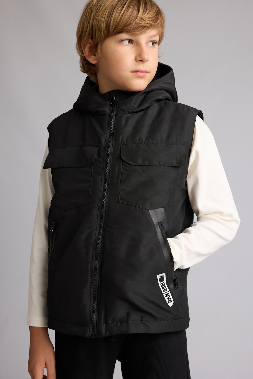 BOYS & TEENS Black Boy Black Hooded Zip-Up Vest