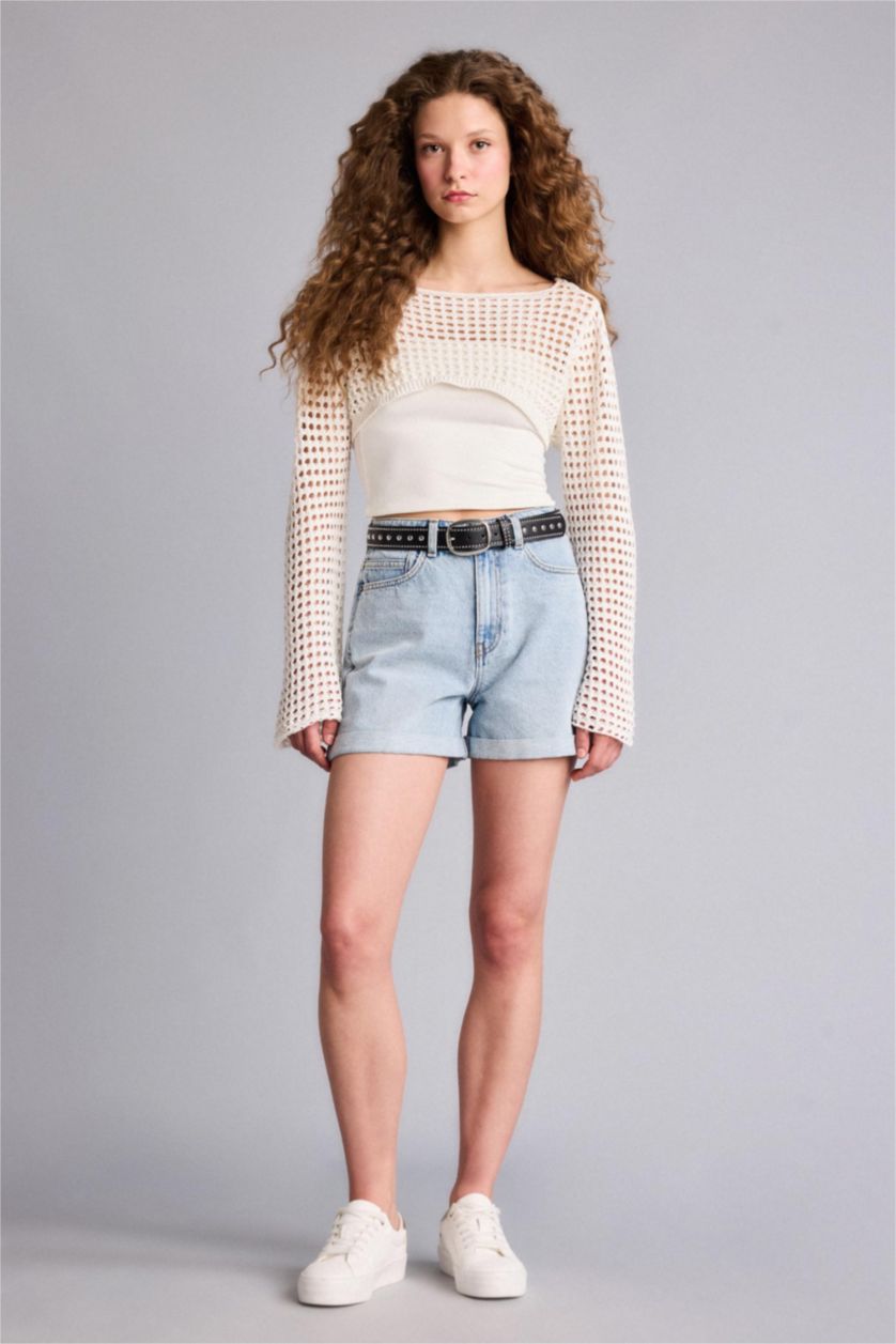 Kadın Ekru Regular Fıt Kayık Yaka Triko Kazak