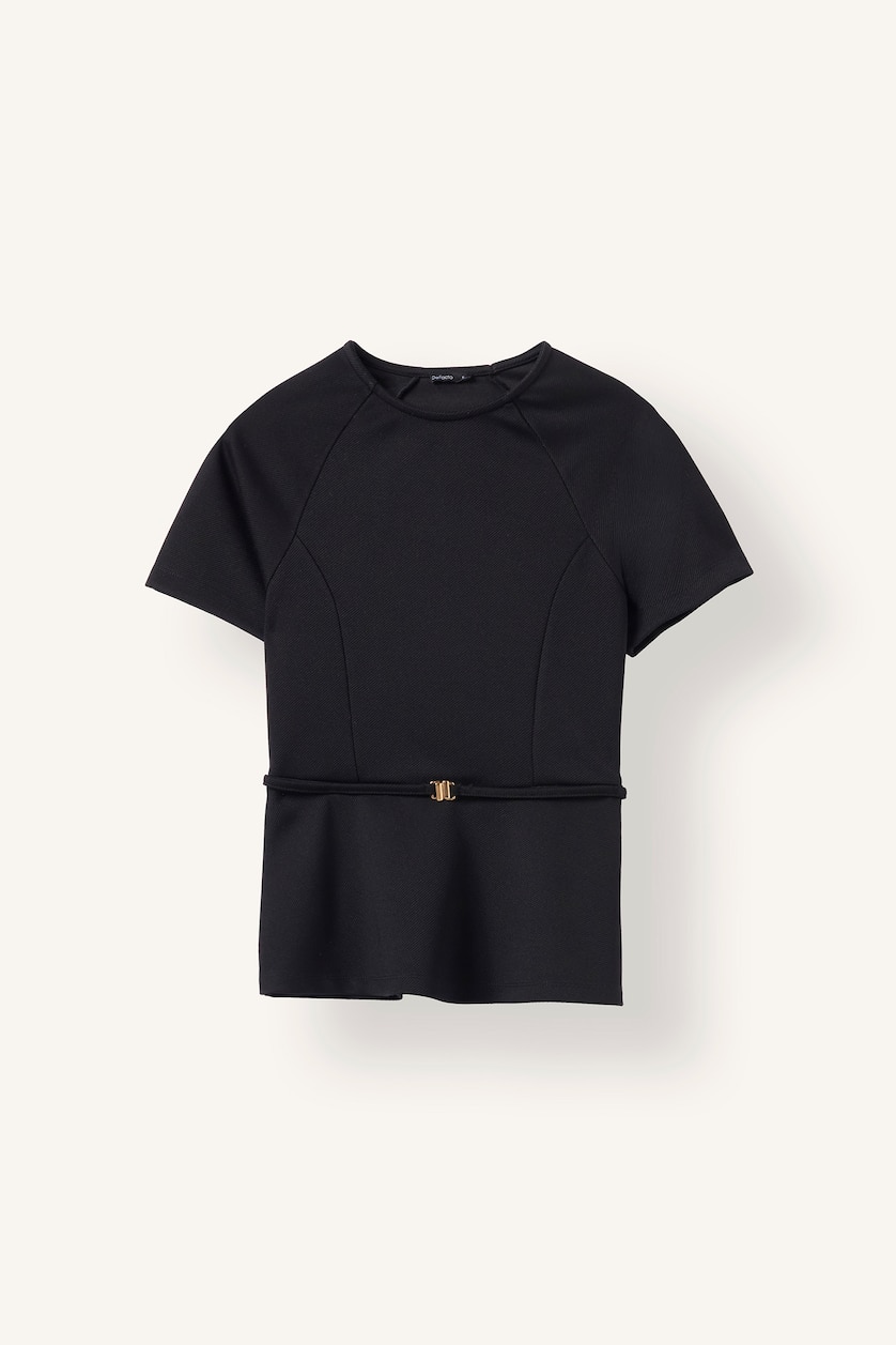 Kadın Siyah Kemer Detaylı Slim Fit Kısa Kollu Tişört