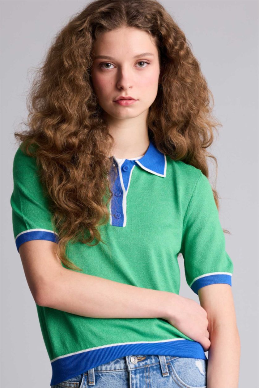 Kadın Yeşil Regular Fıt Polo Yaka Triko Kazak