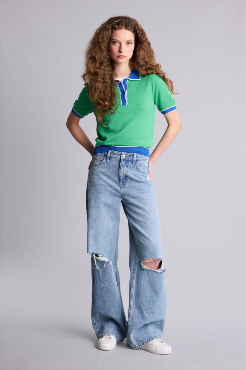 Kadın Yeşil Regular Fıt Polo Yaka Triko Kazak