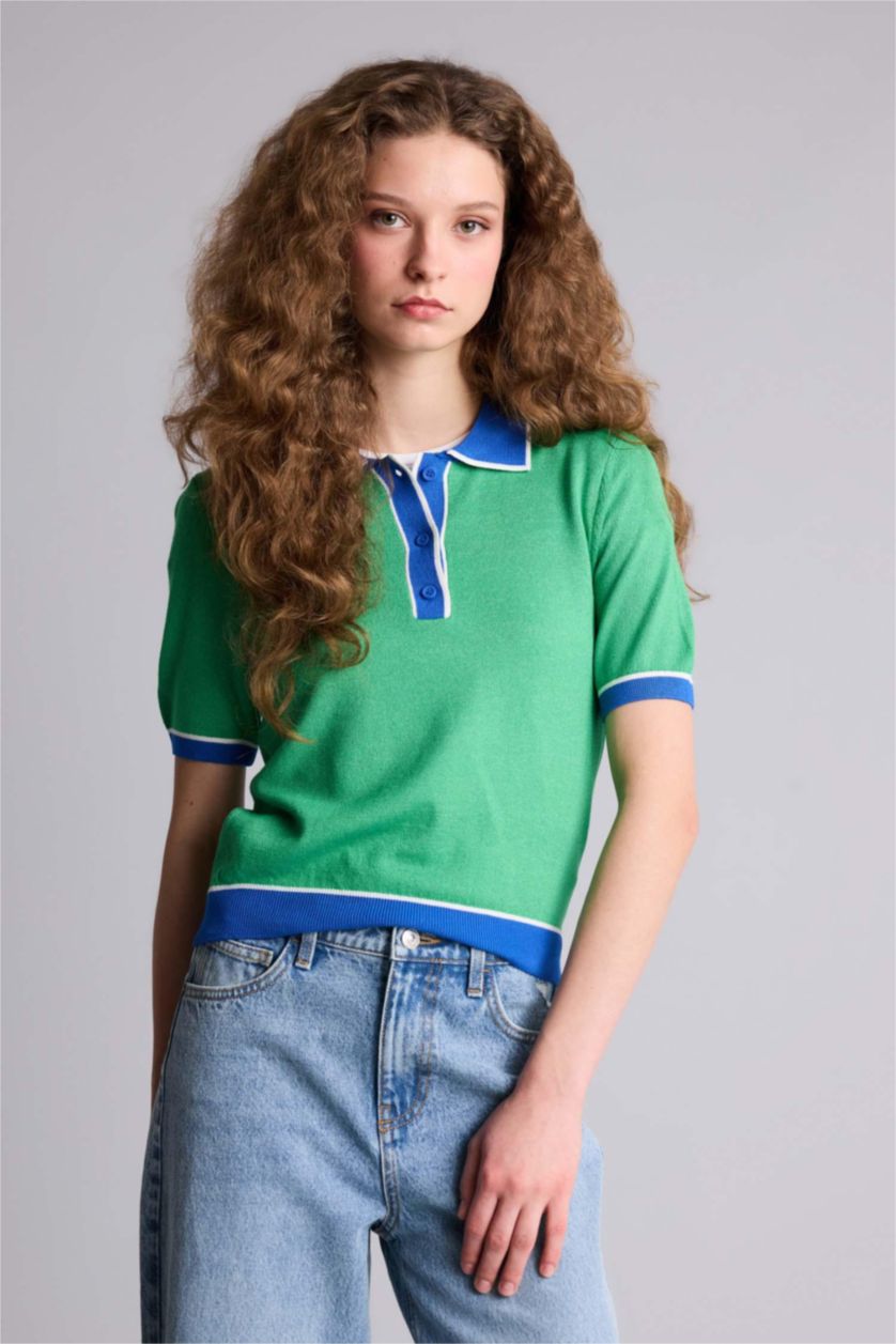 نساء أخضر بلوز تريكو قصة عادية بياخة بولو