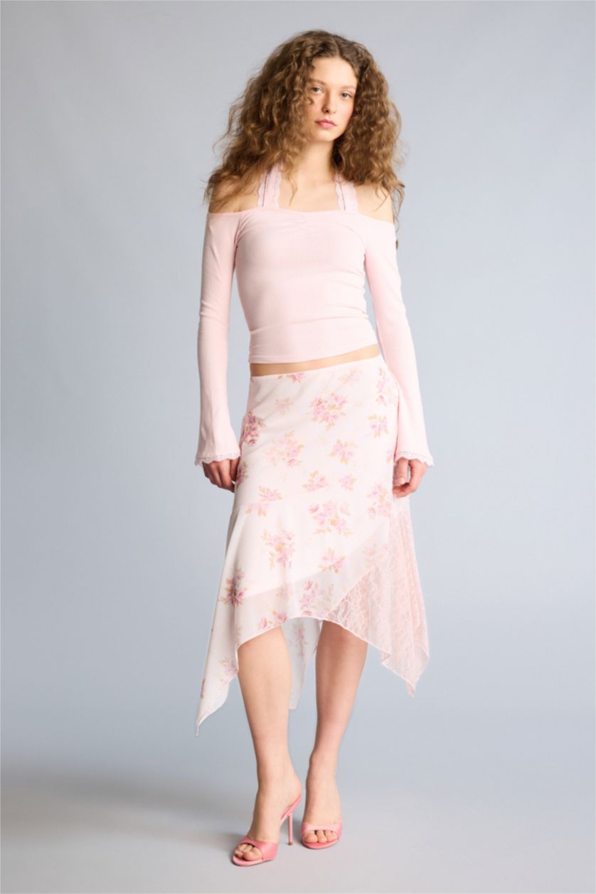 Kadın Açık Pembe Fıtted Halter Yaka Fitilli Kaşkorse Uzun Kollu Tişört