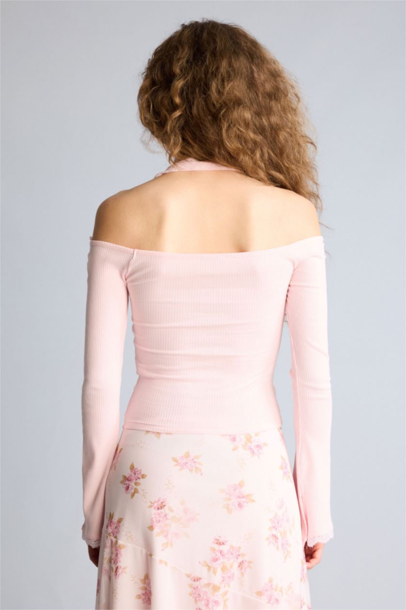 Kadın Açık Pembe Fıtted Halter Yaka Fitilli Kaşkorse Uzun Kollu Tişört