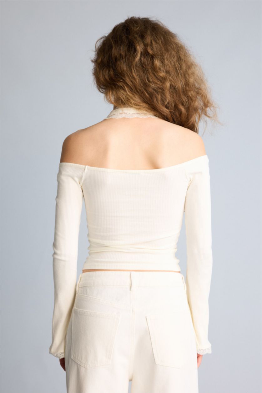 Kadın Kırık Beyaz Fıtted Halter Yaka Fitilli Kaşkorse Tişört