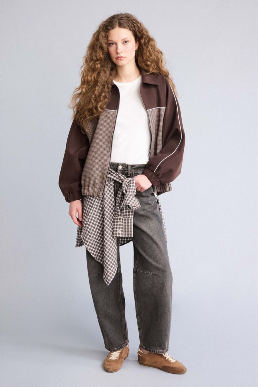 Woman Brown Shirt Collar Jacket