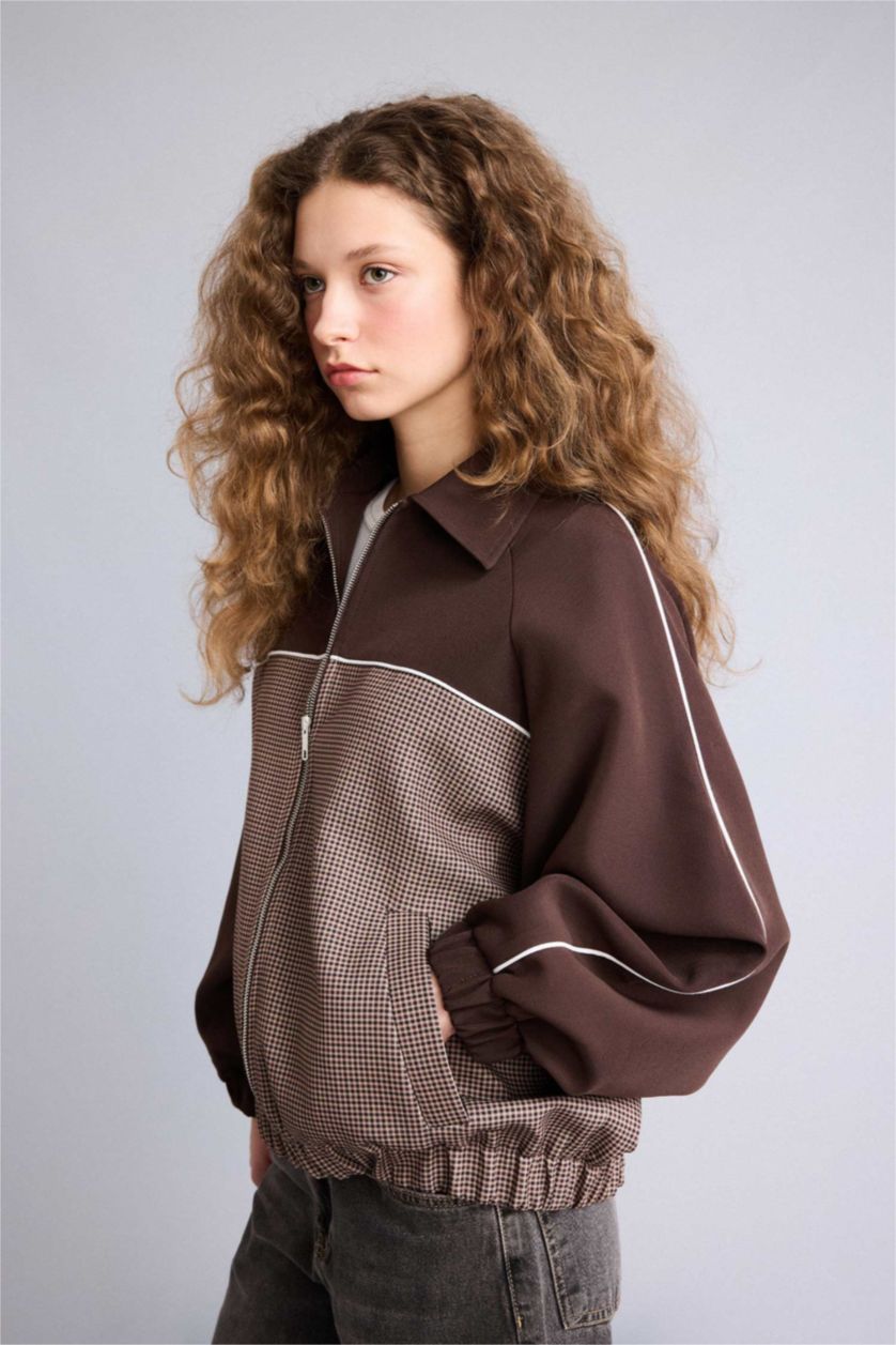Woman Brown Shirt Collar Jacket