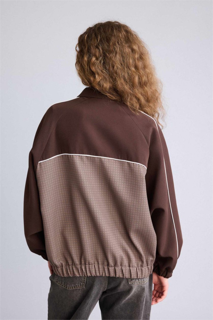 Woman Brown Shirt Collar Jacket