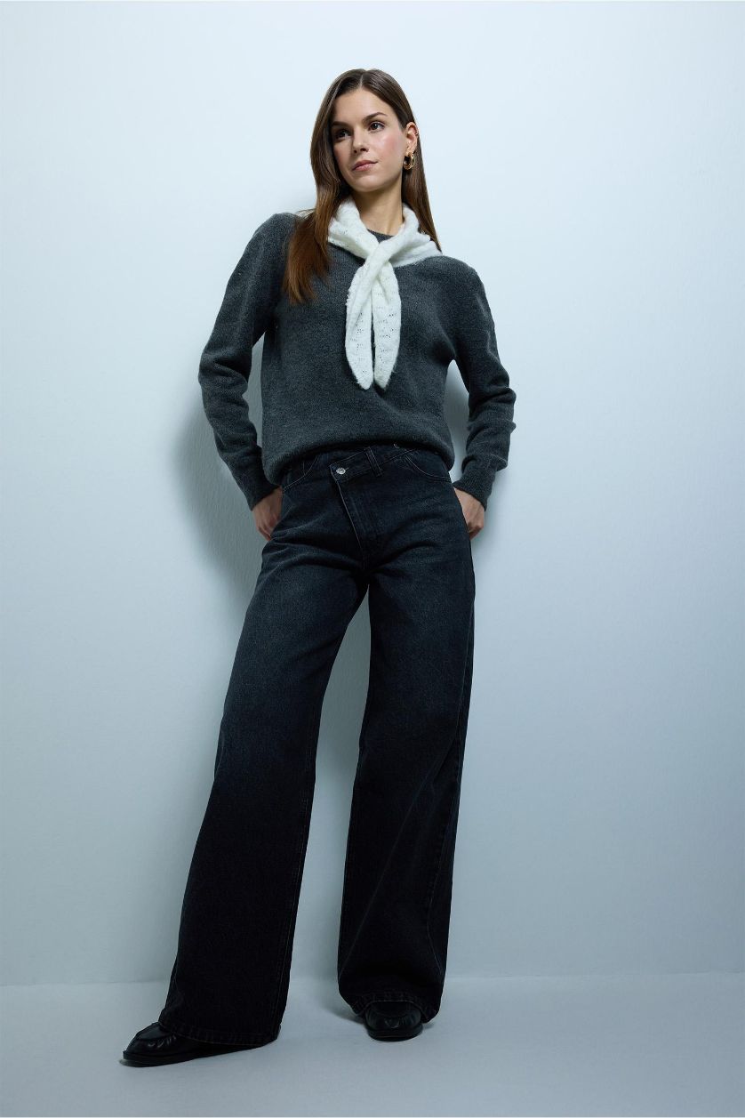 Kadın Antrasit Wıde Leg Jean Pantolon