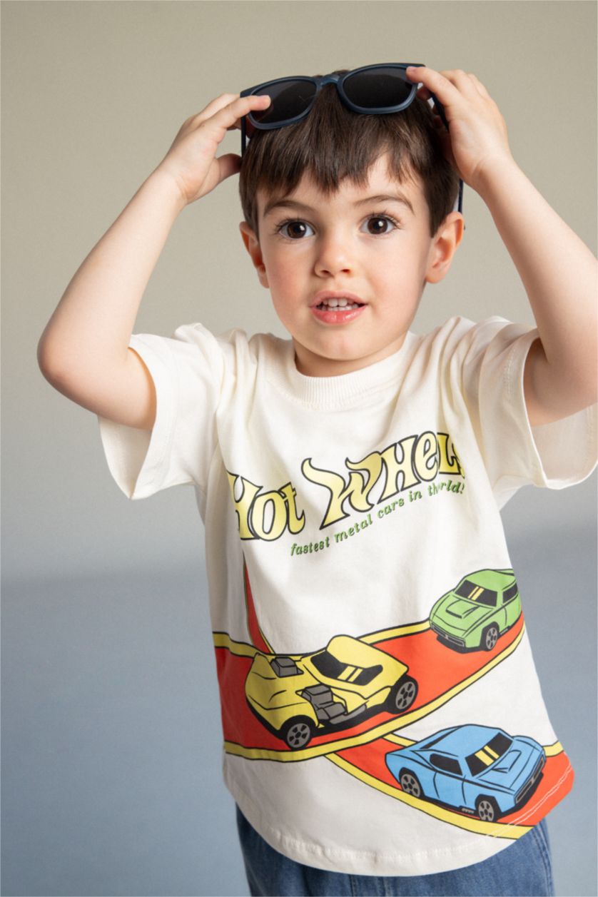 Erkek Bebek Ekru %100 Pamuk Hot Wheels Tişört Erkek Bebek
