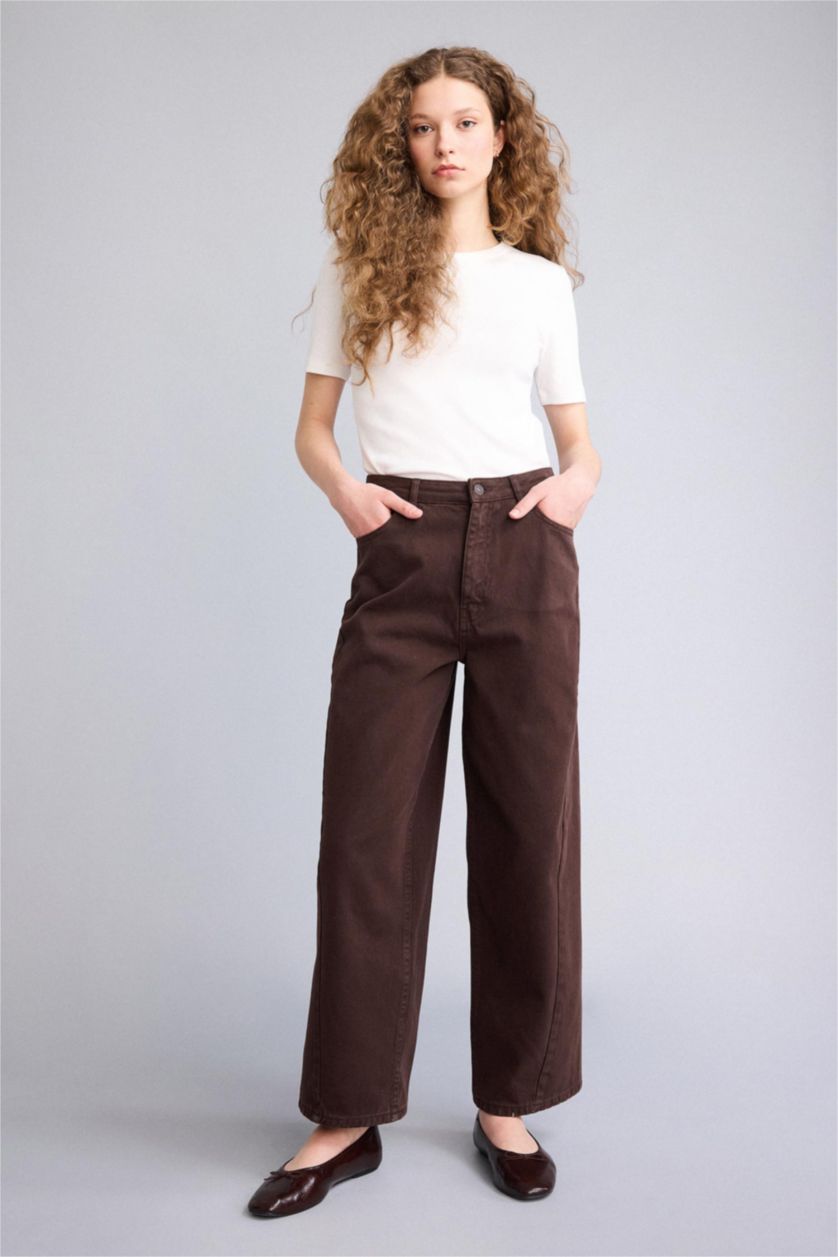 Kadın Kahve Baggy Fıt Normal Bel Gabardin Pantolon