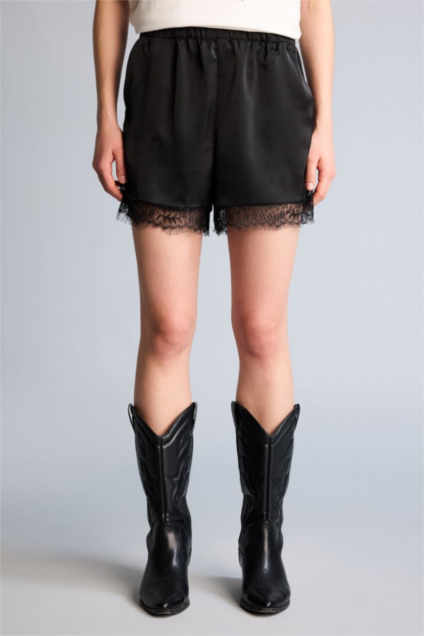 Woman Black Satin Normal Waist Shorts