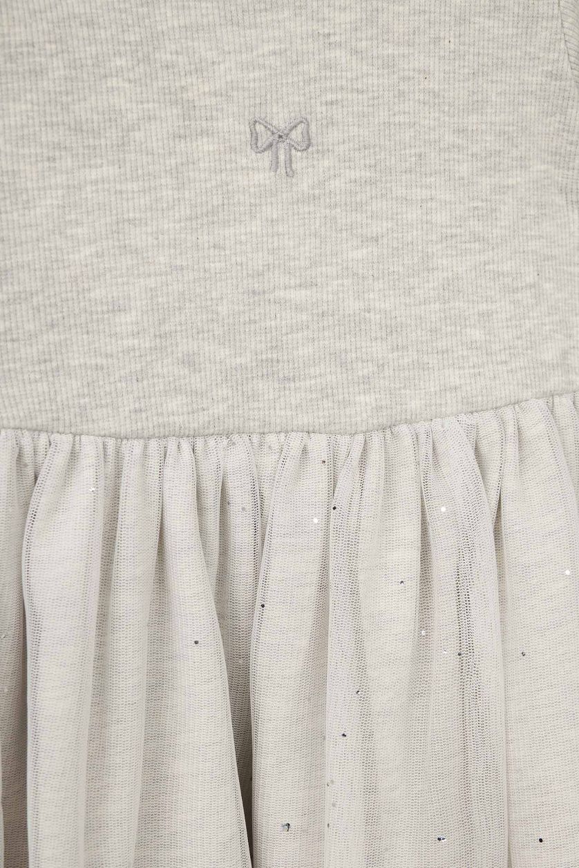 طفلة صغيرة ميلانج رمادي فاتح فستان بيبي بناتي مضلع نص ردن مطرز