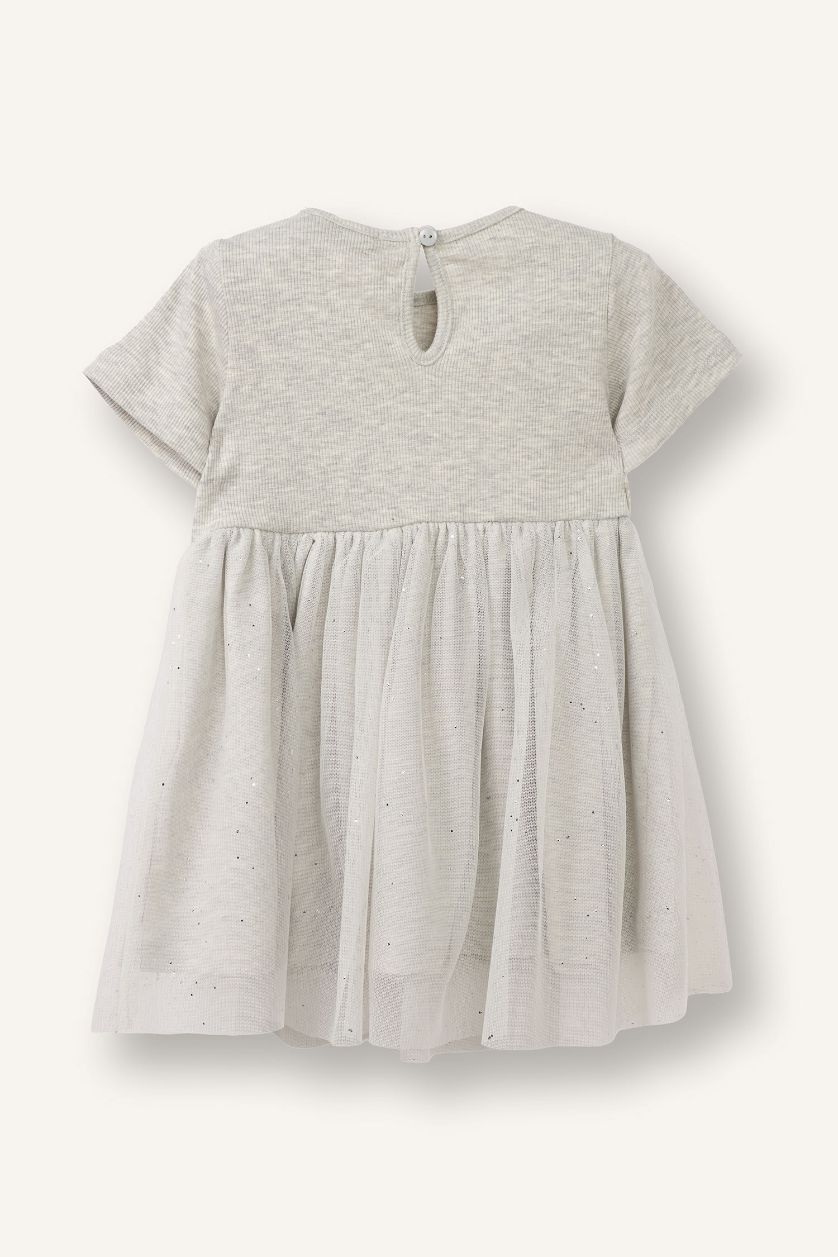 طفلة صغيرة ميلانج رمادي فاتح فستان بيبي بناتي مضلع نص ردن مطرز