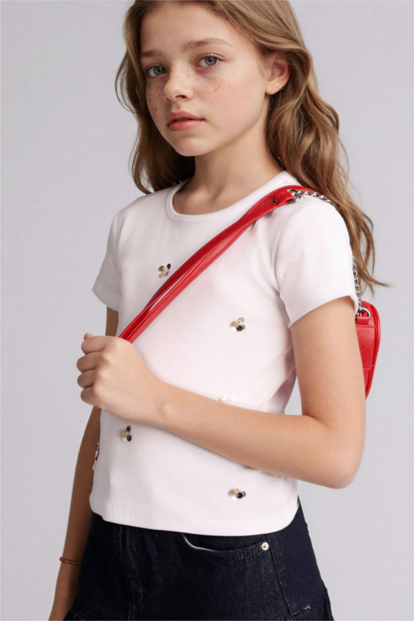 Kız Çocuk - Genç Kız Beyaz Baskılı Fitilli Kaşkorse Tişört Kız Çocuk