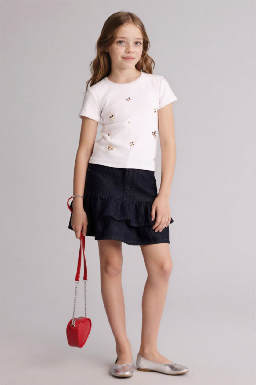 Kız Çocuk - Genç Kız Beyaz Baskılı Fitilli Kaşkorse Tişört Kız Çocuk