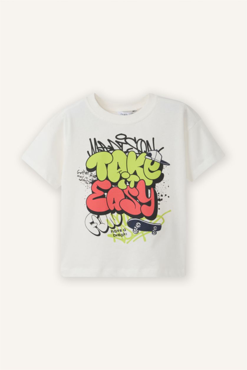 Erkek Bebek Ekru Regular Fıt Kaykay Baskılı Kısa Kollu Tişört Erkek Bebek