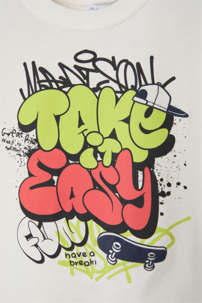 Erkek Bebek Ekru Regular Fıt Kaykay Baskılı Kısa Kollu Tişört Erkek Bebek