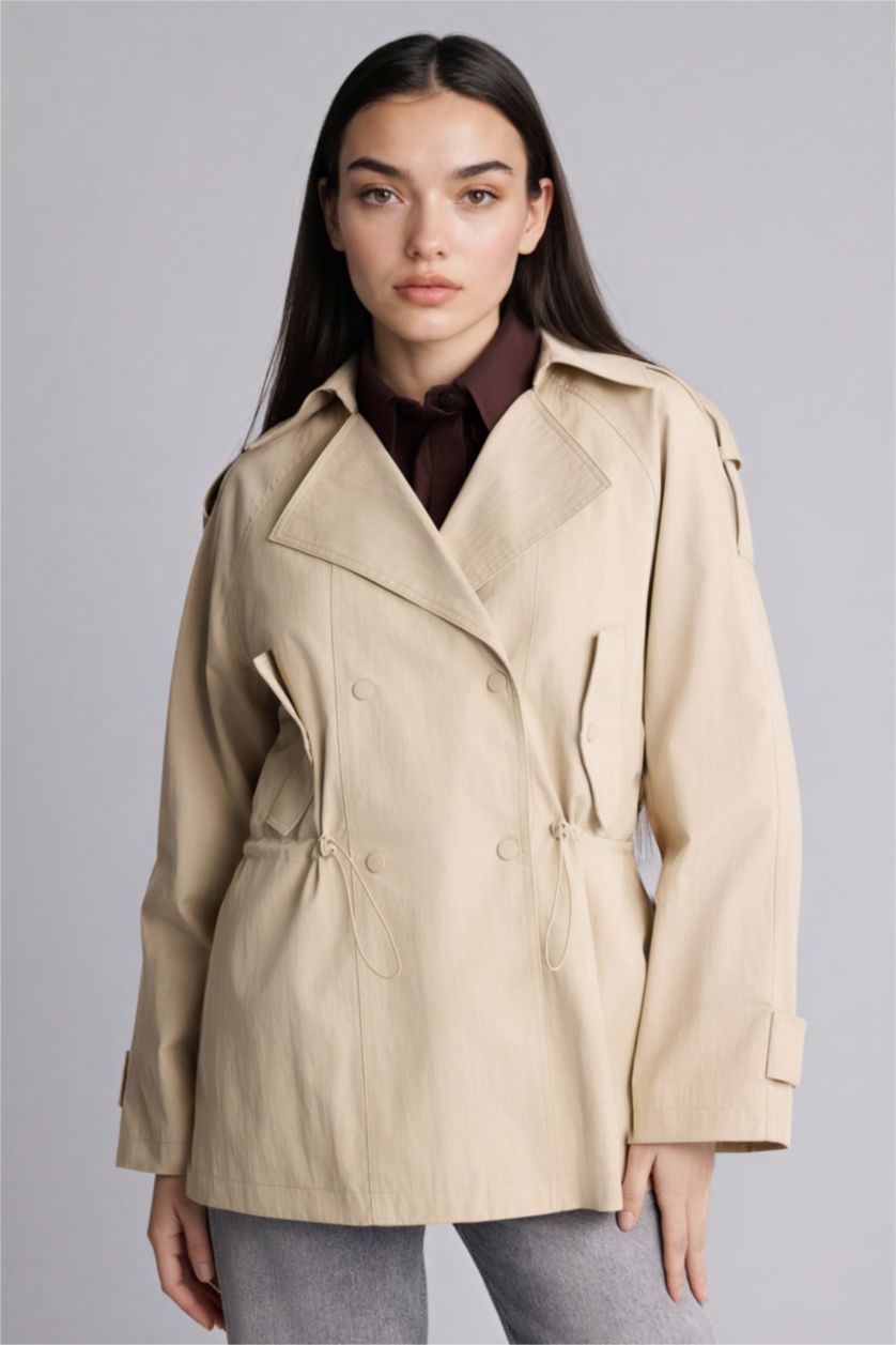 Kadın Ekru Regular Fıt Gömlek Yaka Twill Trençkot