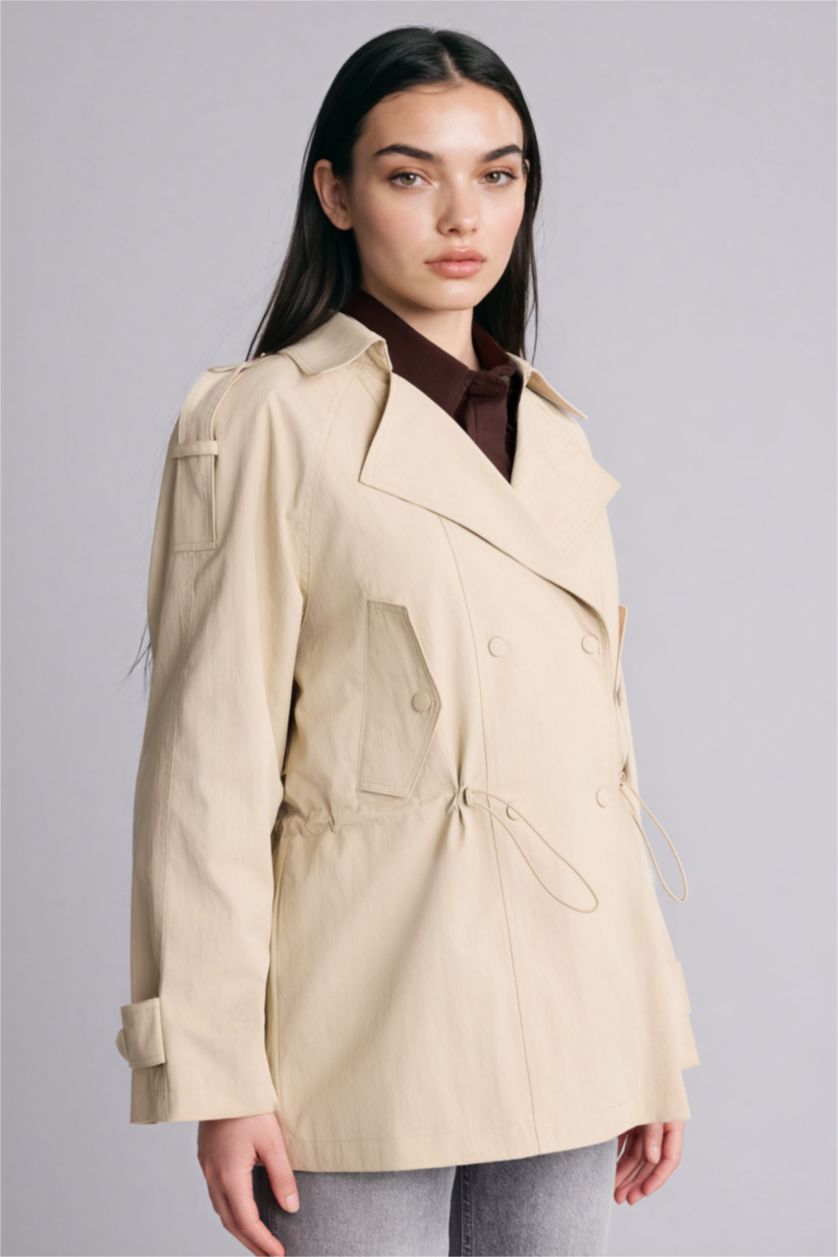 Kadın Ekru Regular Fıt Gömlek Yaka Twill Trençkot