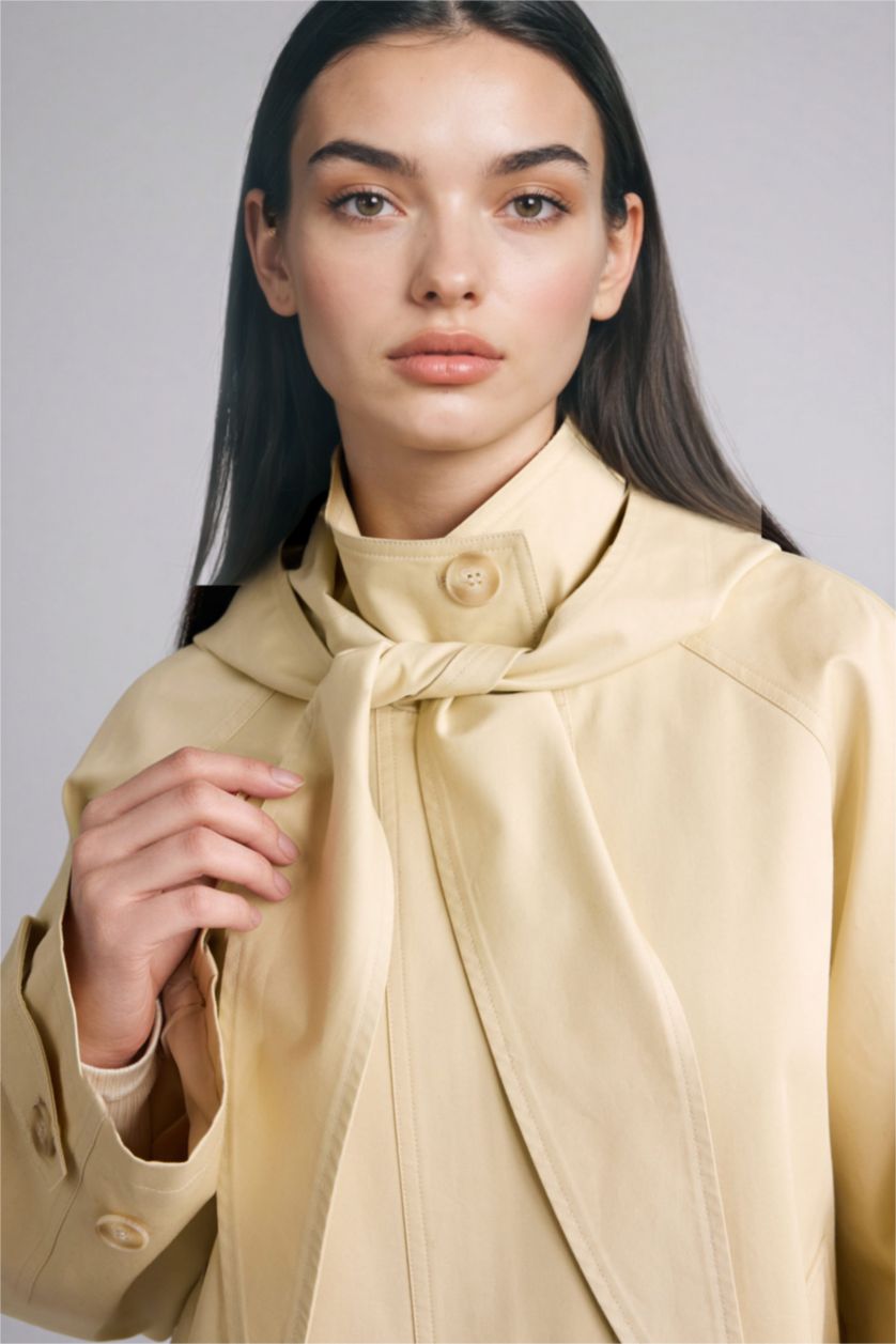 Woman Beige Regular Fit Cotton Trenchcoat