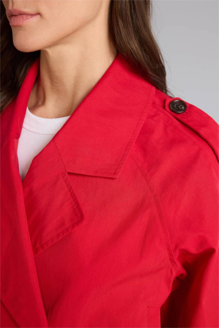 Kadın Kırmızı Cropped Fıt Gömlek Yaka Twill Trençkot