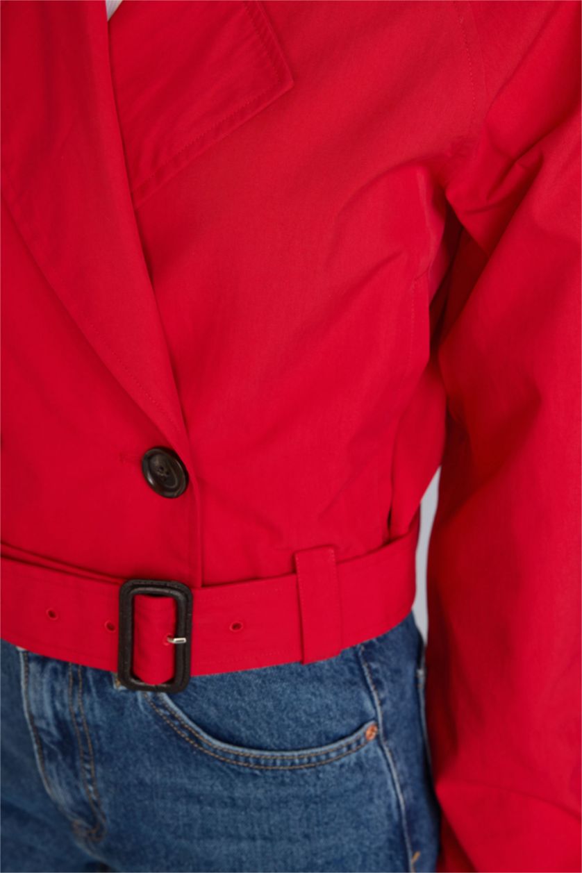 Kadın Kırmızı Cropped Fıt Gömlek Yaka Twill Trençkot