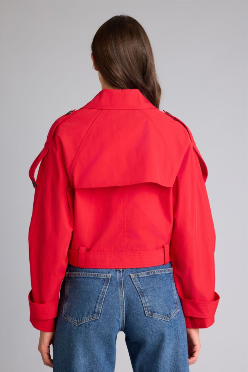 Kadın Kırmızı Cropped Fıt Gömlek Yaka Twill Trençkot