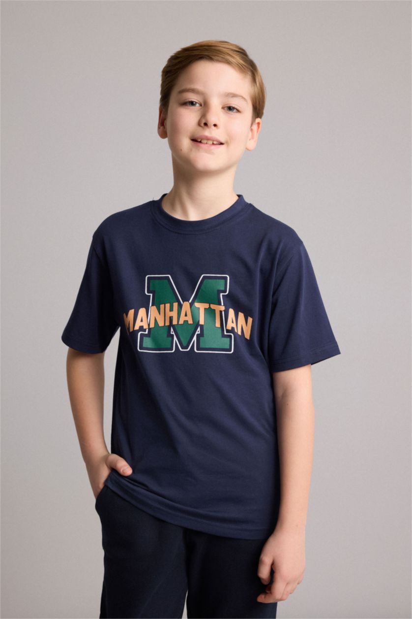 Boys & Teens NAVY تيشيرت ولادي نص ردن مطبوع قصة عادية