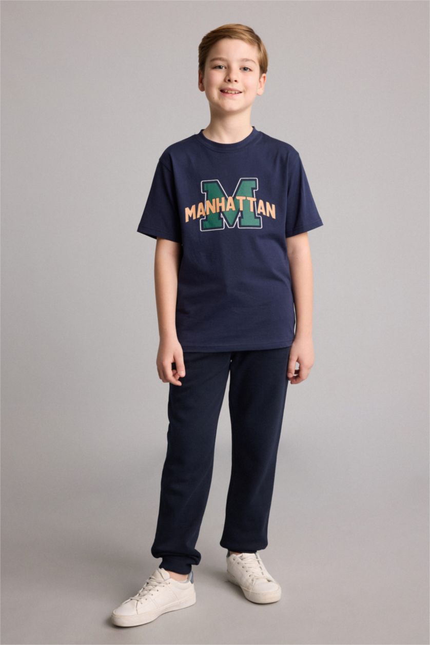 Boys & Teens NAVY تيشيرت ولادي نص ردن مطبوع قصة عادية