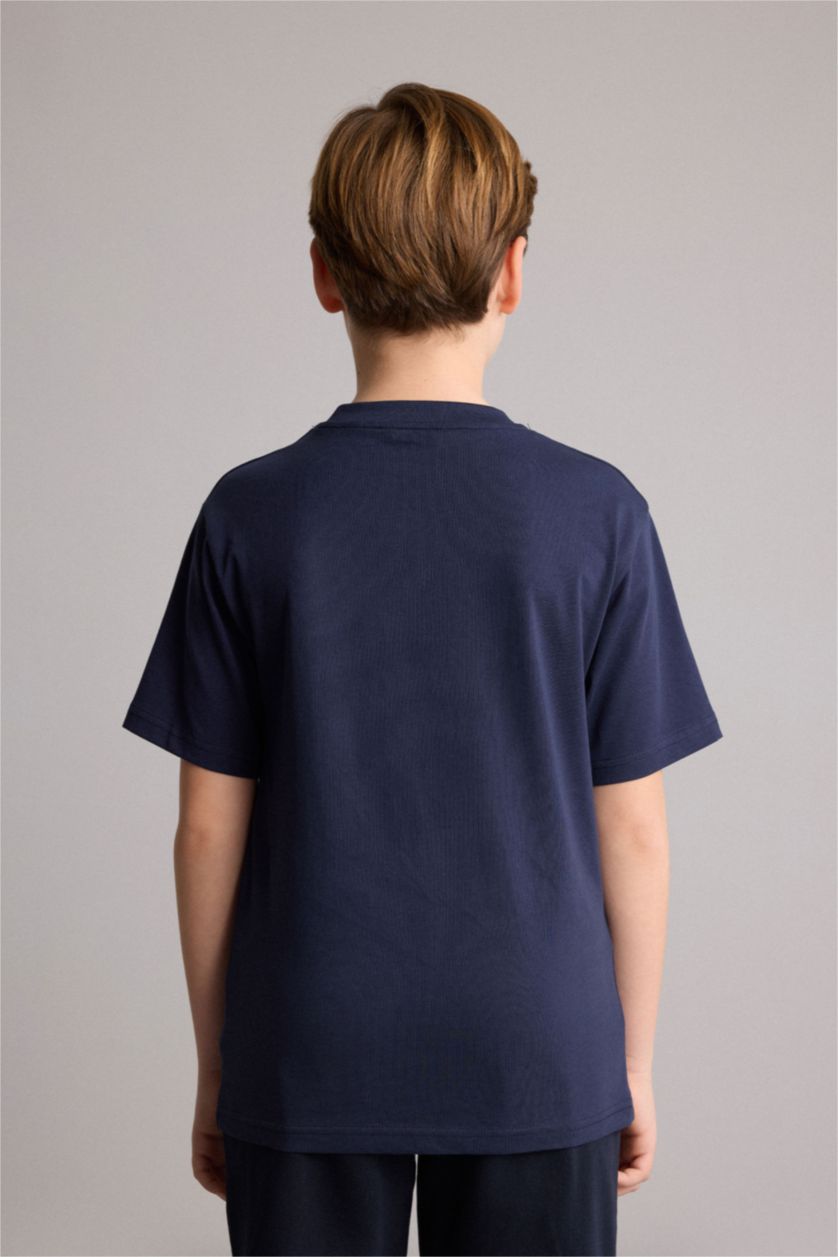 Boys & Teens NAVY تيشيرت ولادي نص ردن مطبوع قصة عادية