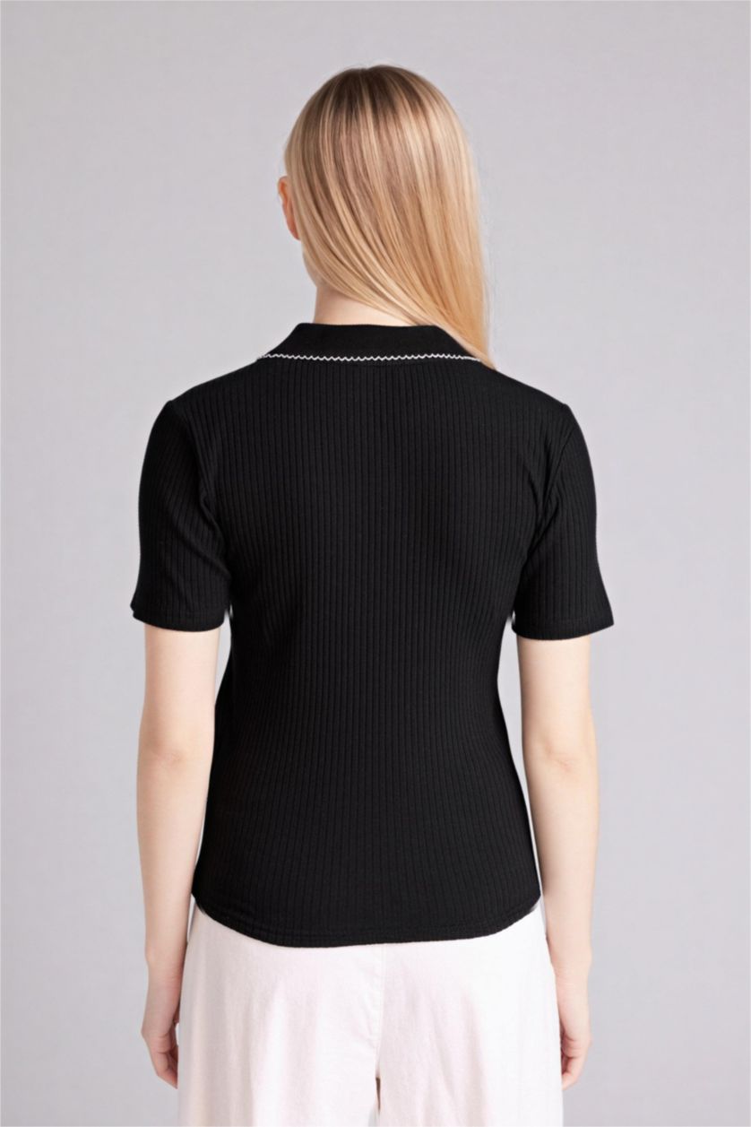 Женщины Черный Футболка поло кашкорсе Slim Fit в рубчик с коротким рукавом