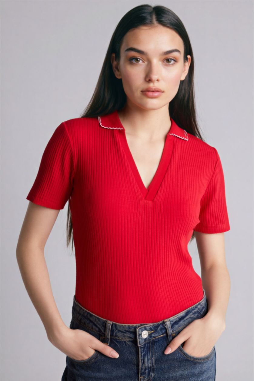 Женщины Красный Футболка поло кашкорсе Slim Fit в рубчик с коротким рукавом