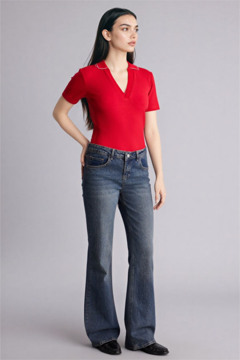 Женщины Красный Футболка поло кашкорсе Slim Fit в рубчик с коротким рукавом