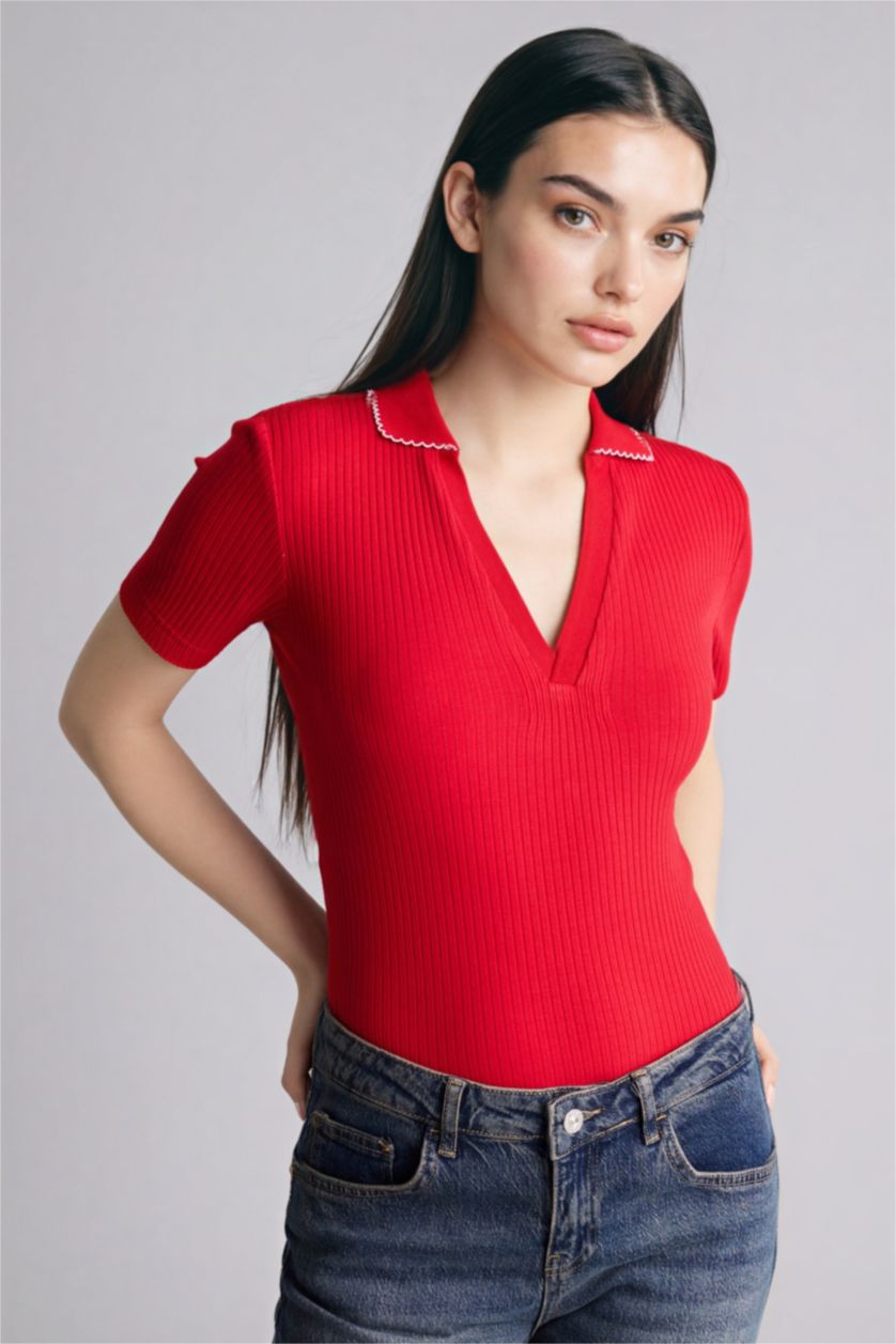 Женщины Красный Футболка поло кашкорсе Slim Fit в рубчик с коротким рукавом