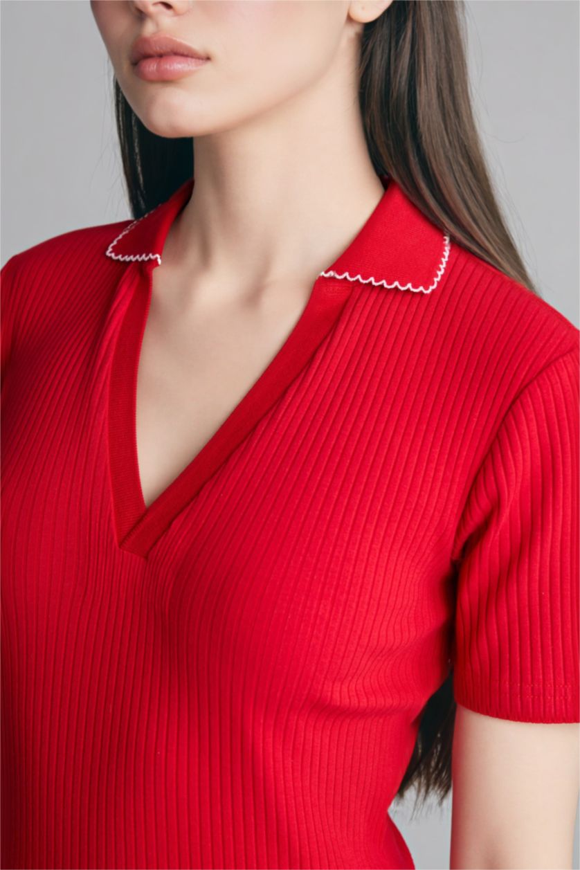 Женщины Красный Футболка поло кашкорсе Slim Fit в рубчик с коротким рукавом