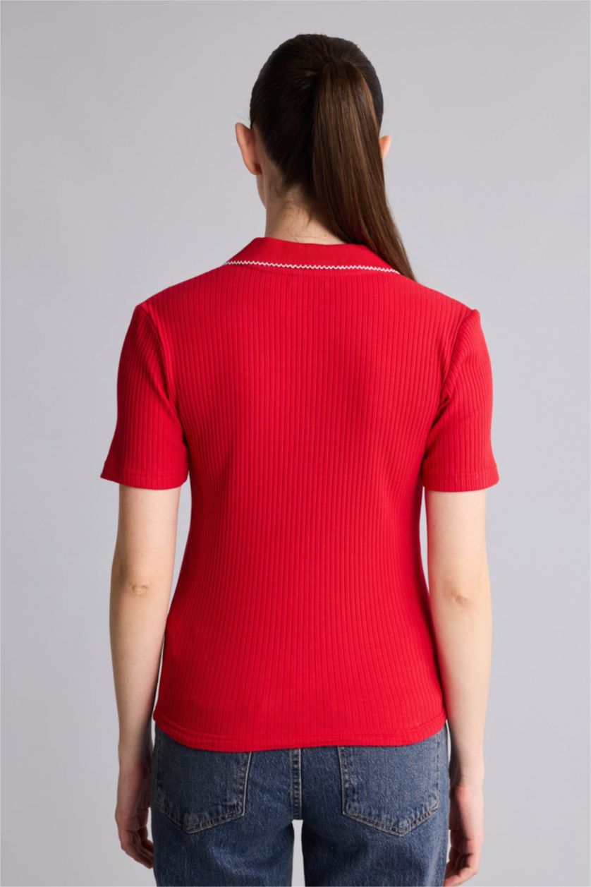 Женщины Красный Футболка поло кашкорсе Slim Fit в рубчик с коротким рукавом