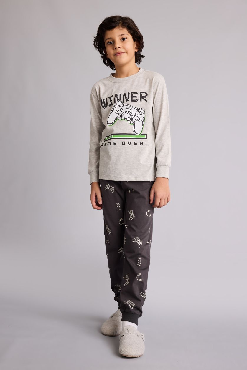 Erkek Çocuk - Genç Erkek Optik Gri Melanj Regular Fıt 2'li Pijama Takımı Erkek Çocuk