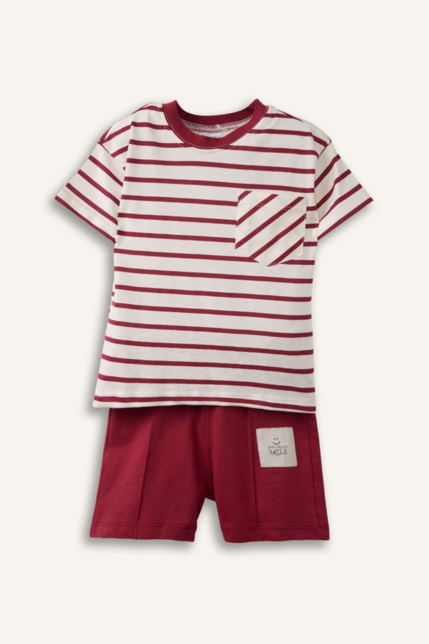 Erkek Bebek Bordo Çizgili Tişört Şort 2'li Takım Erkek Bebek