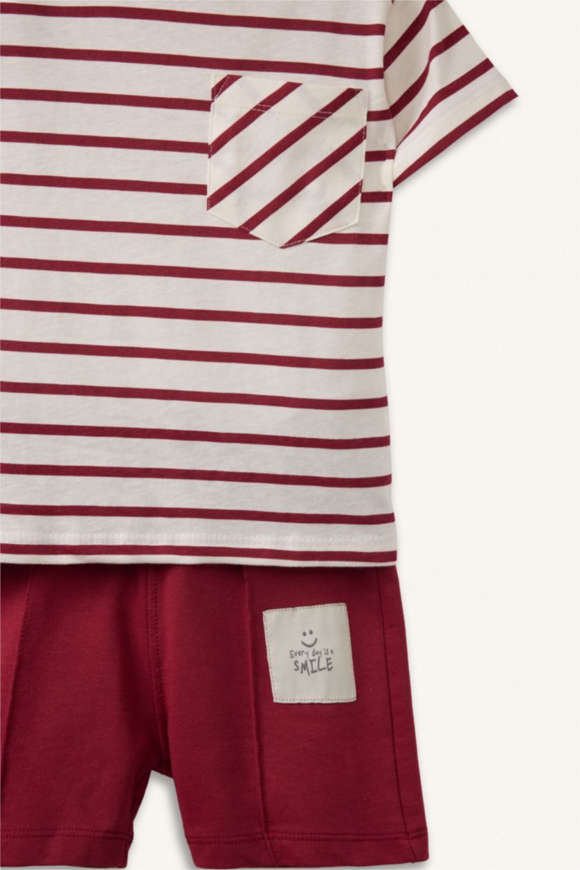 Erkek Bebek Bordo Çizgili Tişört Şort 2'li Takım Erkek Bebek