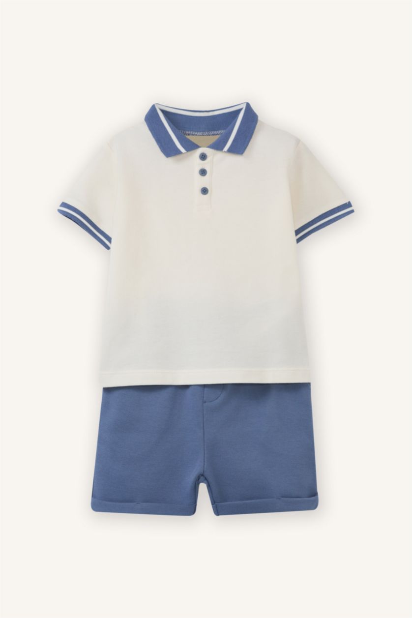 Erkek Bebek Ekru Pike Polo Tişört Şort 2'li Takım Erkek Bebek