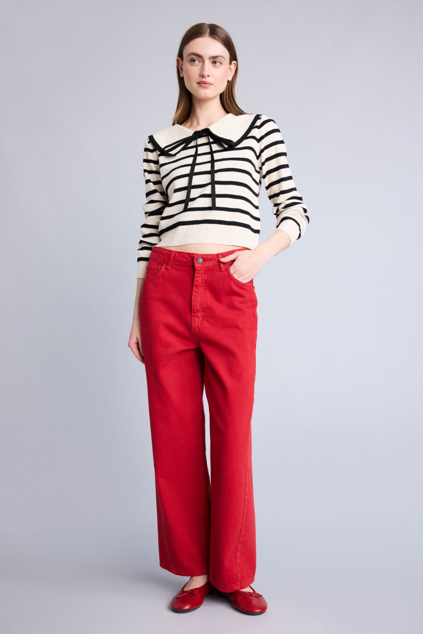 Женщины Кремовый Полосатый джемпер Slim Fit